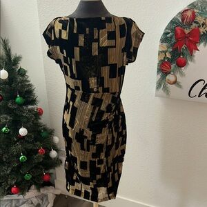 Donna Karan Black and Gold Patterned Midi Dress